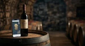 Bouteille de vin premium et smartphone affichant une carte locale sur une barrique en chêne dans une cave.